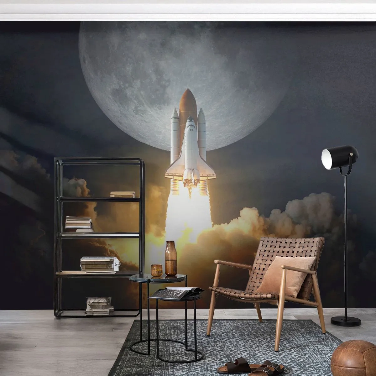 Papier Peint Photo Premium Canvas - Le début d'une aventure surnaturelle - Lune, Une fusée spatiale, NASA - 250x175 cm