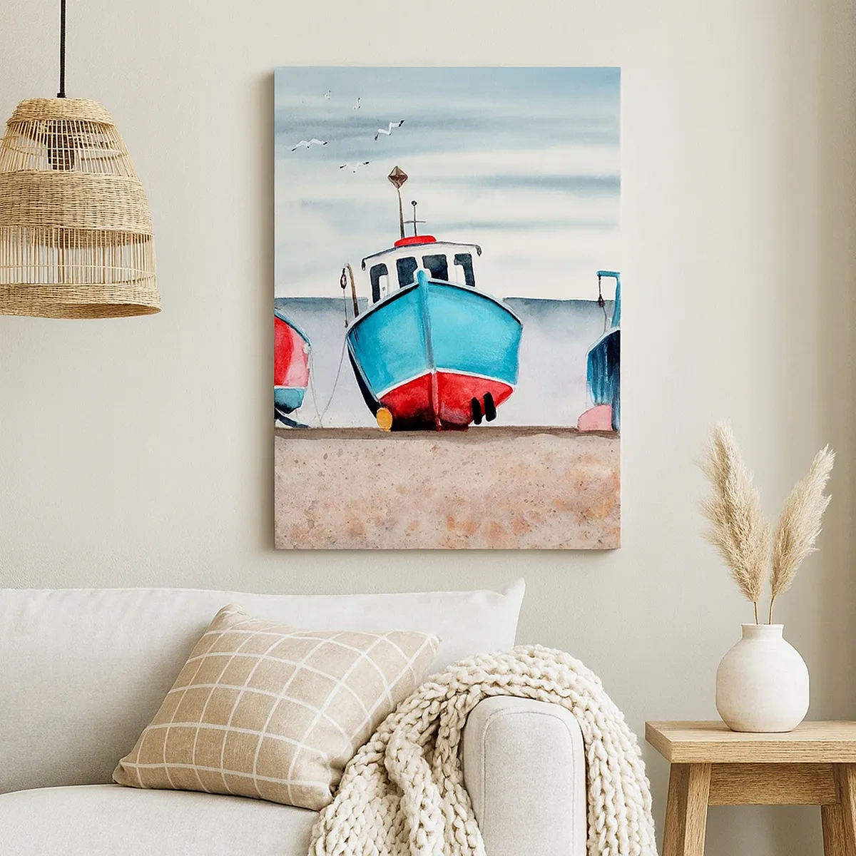 Impression sur toile - Image sur toile - Bateaux de pêche colorés sur le rivage dans un paysage marin - 50x70cm - Prêt pour la pêche - Décoration murale moderne pour le salon et la chambre ARTTOR