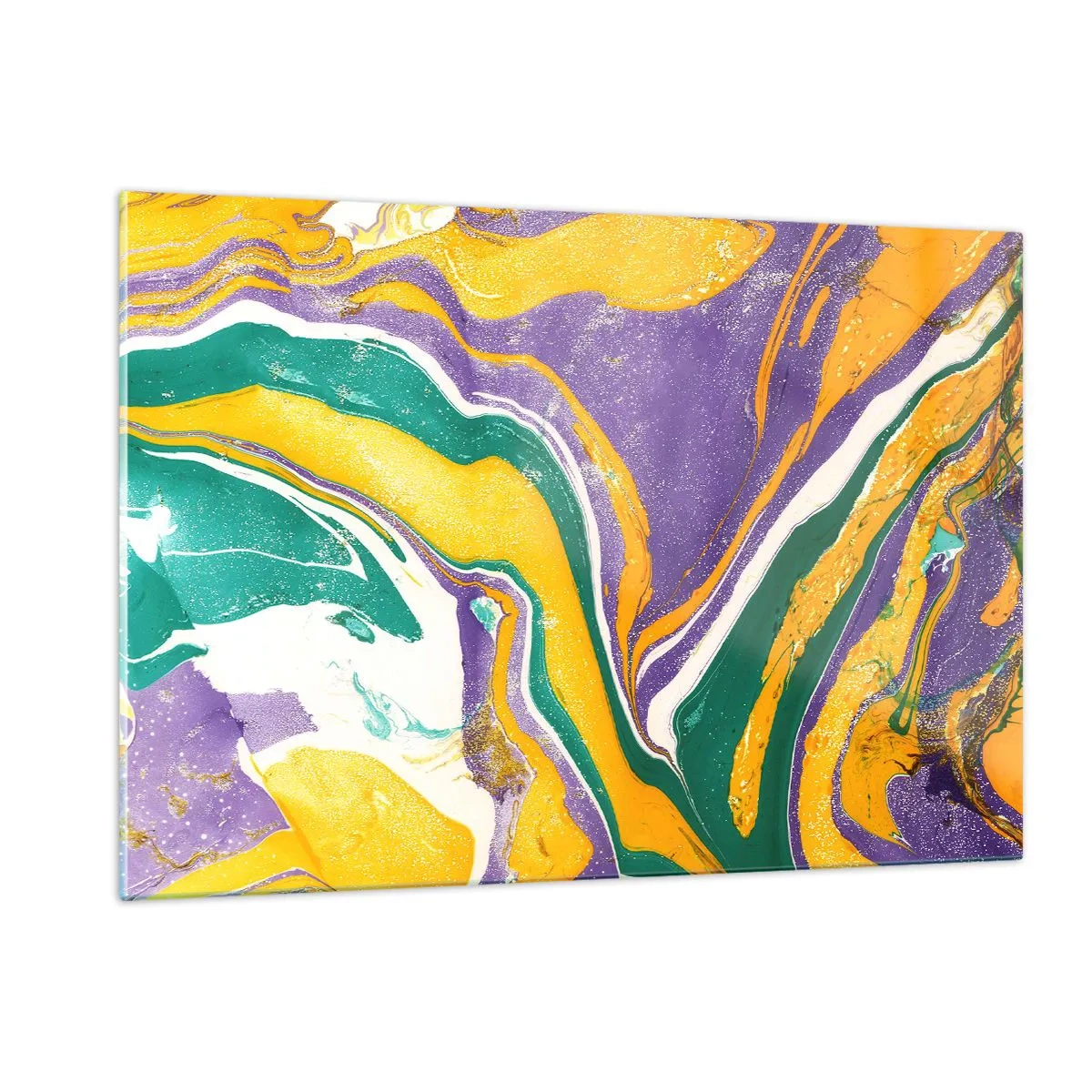 Impression sur verre - Image sur verre - Motif de vagues abstrait en jaune, violet et vert - 120x80cm - Ondes de couleur - Décoration murale moderne pour le salon et la chambre ARTTOR