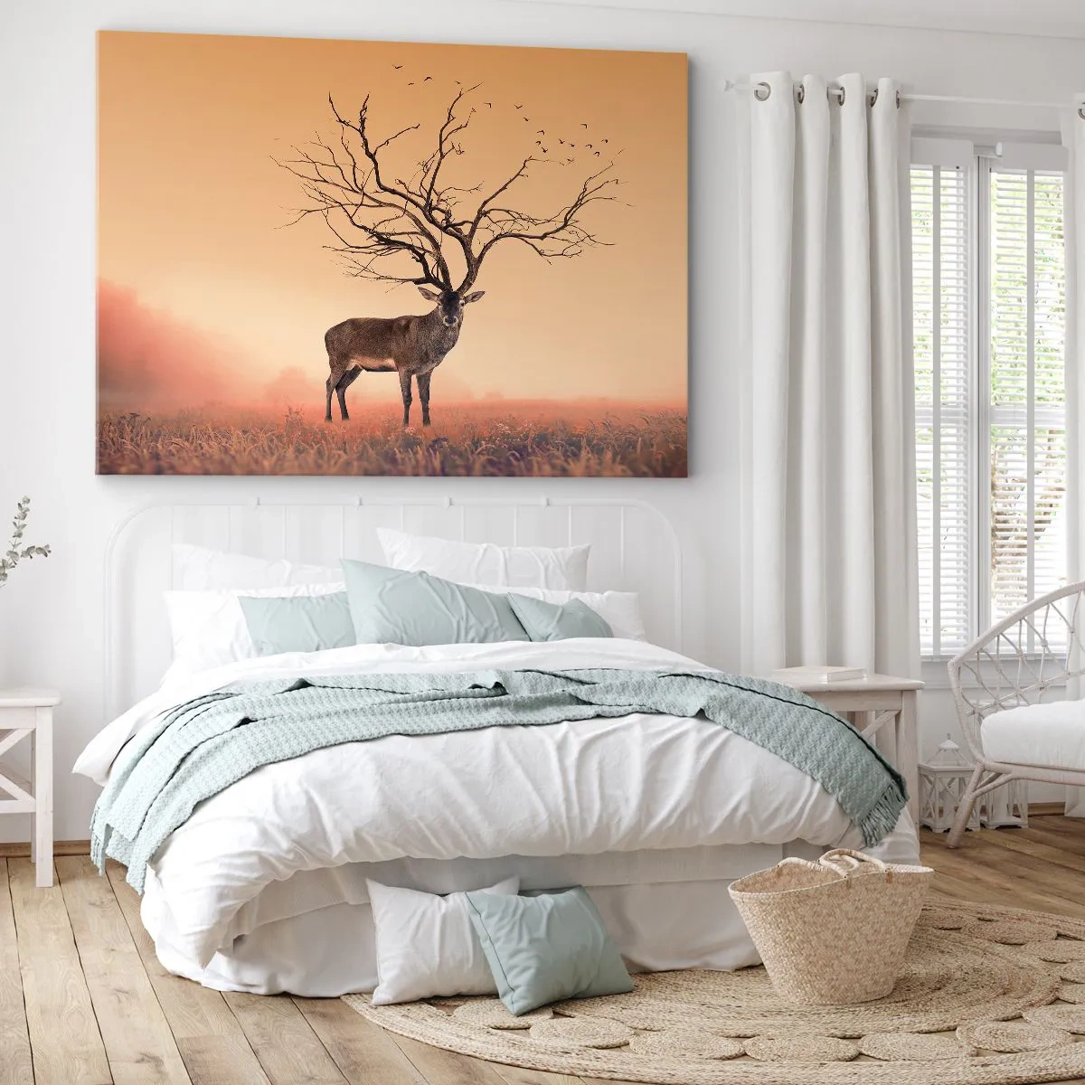 Impression sur toile - Image sur toile - Un graphique de cerf fantaisie avec des branches au lieu de bois - 100x70cm - Cerf de Pra - l'esprit éternel de la forêt - Décoration murale moderne pour le salon et la chambre ARTTOR