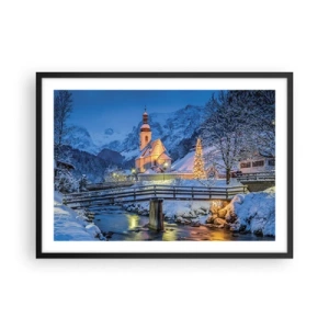 Affiche dans un cadre noir - Poster - Paysage d'hiver avec une église, un pont et des montagnes au crépuscule - 70x50cm - L'âme du monde - Décoration murale moderne pour le salon et la chambre ARTTOR