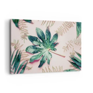 Impression sur toile - Image sur toile - Feuilles tropicales sur fond pastel clair - 120x80cm - Étude de verdure sur fond rose - Décoration murale moderne pour le salon et la chambre ARTTOR