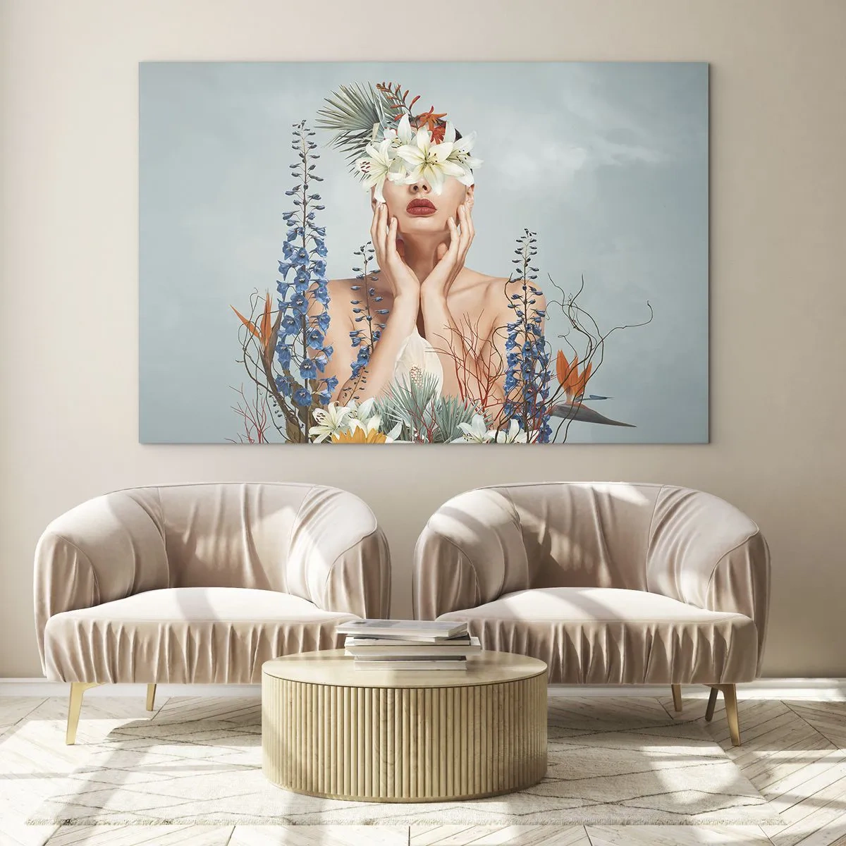 Impression sur verre - Image sur verre - Figure d'une femme avec une couronne de fleurs et une composition florale - 100x70cm - Femme - fleur - Décoration murale moderne pour le salon et la chambre ARTTOR
