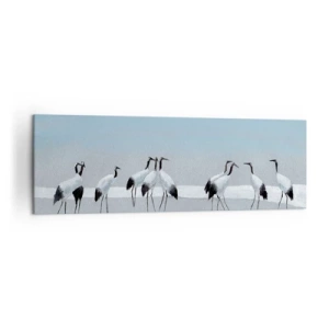 Impression sur toile - Image sur toile - Un groupe de grues contre un ciel bleu et le soleil levant - 160x50cm - Après une chaude journée - Décoration murale moderne pour le salon et la chambre ARTTOR