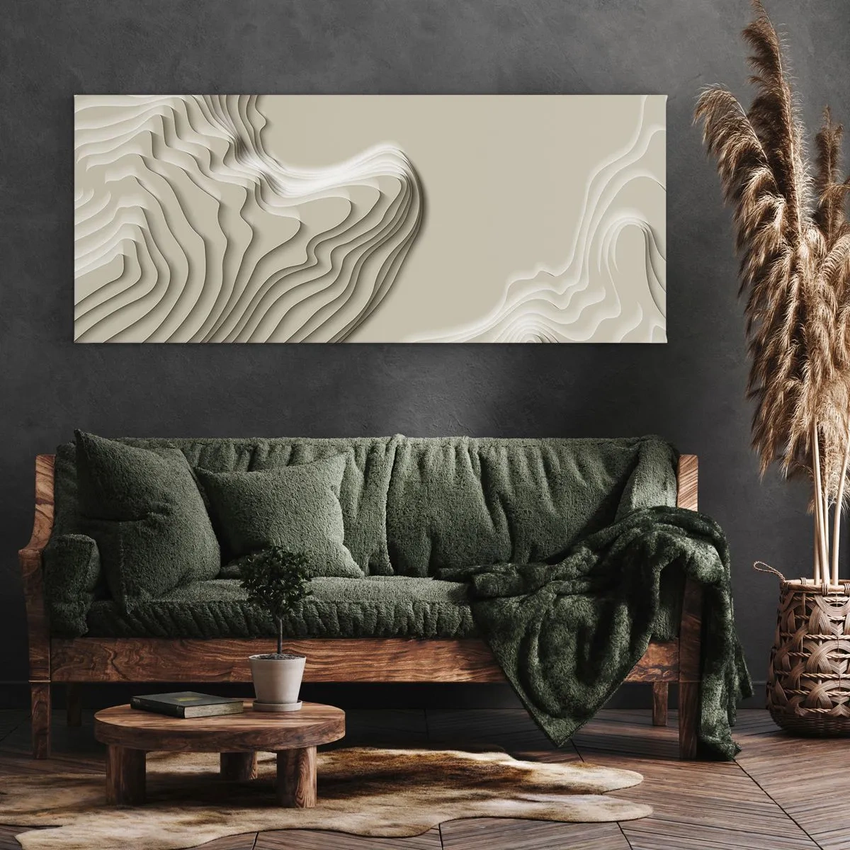 Impression sur toile - Image sur toile - Un motif abstrait dans des tons beiges avec un effet linéaire. - 140x50cm - Topographie artistique - Décoration murale moderne pour le salon et la chambre ARTTOR