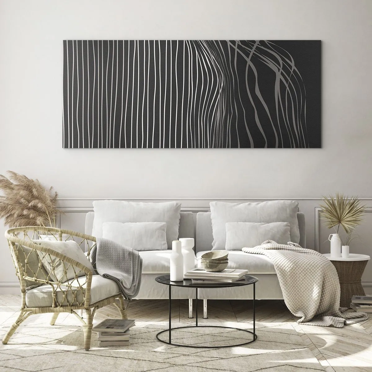 Impression sur verre - Image sur verre - Lignes blanches sur fond gris foncé dans un arrangement abstrait - 120x50cm - Rythme et accent - Décoration murale moderne pour le salon et la chambre ARTTOR