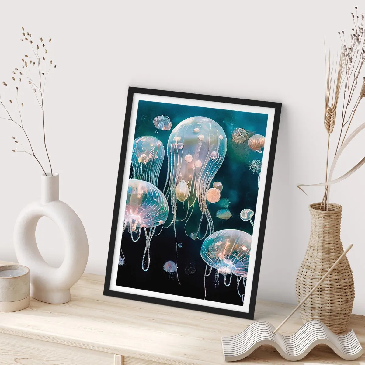 Affiche dans un cadre noir - Poster - Méduses subtiles flottant dans la mer - 50x70cm - Ballon sous-marin - Décoration murale moderne pour le salon et la chambre ARTTOR