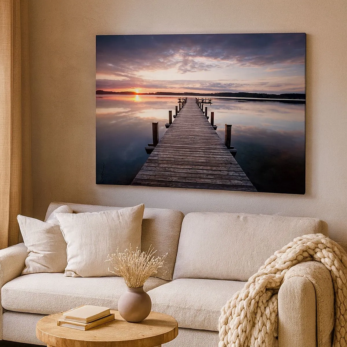 Impression sur toile - Image sur toile - Une jetée sur un lac au coucher du soleil dans un paysage paisible - 70x50cm - Une frontière tranquille entre le jour et la nuit - Décoration murale moderne pour le salon et la chambre ARTTOR