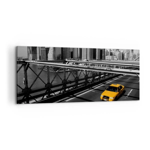 Impression sur toile - Image sur toile - Taxi jaune sur un pont avec vue sur les toits de New York - 120x50cm - Couleur de la grande ville - Décoration murale moderne pour le salon et la chambre ARTTOR