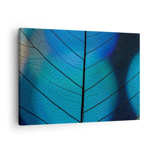 Impression sur toile - Image sur toile - Gros plan d'une feuille bleue avec des détails de veines visibles - 70x50cm - Construction complexe - Décoration murale moderne pour le salon et la chambre ARTTOR