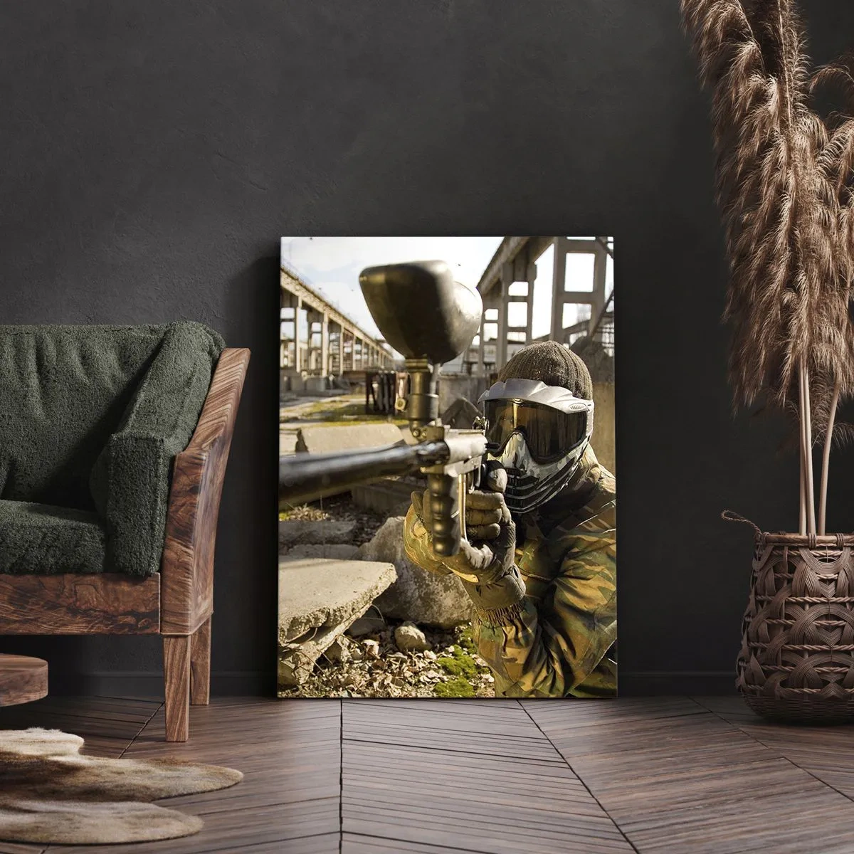 Impression sur toile - Image sur toile - Un joueur de paintball en tenue de camouflage visant un marqueur - 70x100cm - Et vous pouvez devenir un héros - Décoration murale moderne pour le salon et la chambre ARTTOR