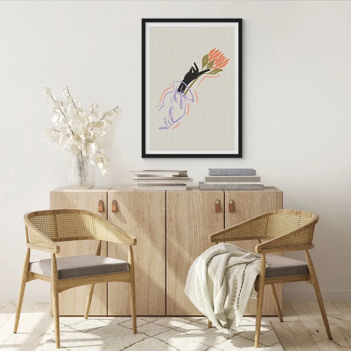 Affiche dans un cadre noir - Poster - Dessin abstrait d'une main tenant un bouquet de fleurs - 50x70cm - Touche fraternelle - Décoration murale moderne pour le salon et la chambre ARTTOR