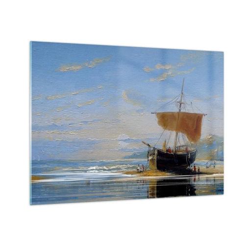 Impression sur verre - Image sur verre - Un navire avec une voile au bord de la mer dans un style pictural - 70x50cm - Eau, terre, air - Décoration murale moderne pour le salon et la chambre ARTTOR