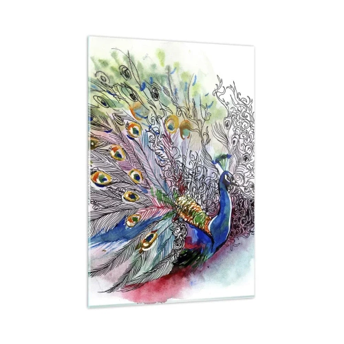 Impression sur verre - Image sur verre - Un paon dans un style aquarelle coloré avec des plumes abstraites - 80x120cm - Avec fierté contre la grisaille - Décoration murale moderne pour le salon et la chambre ARTTOR