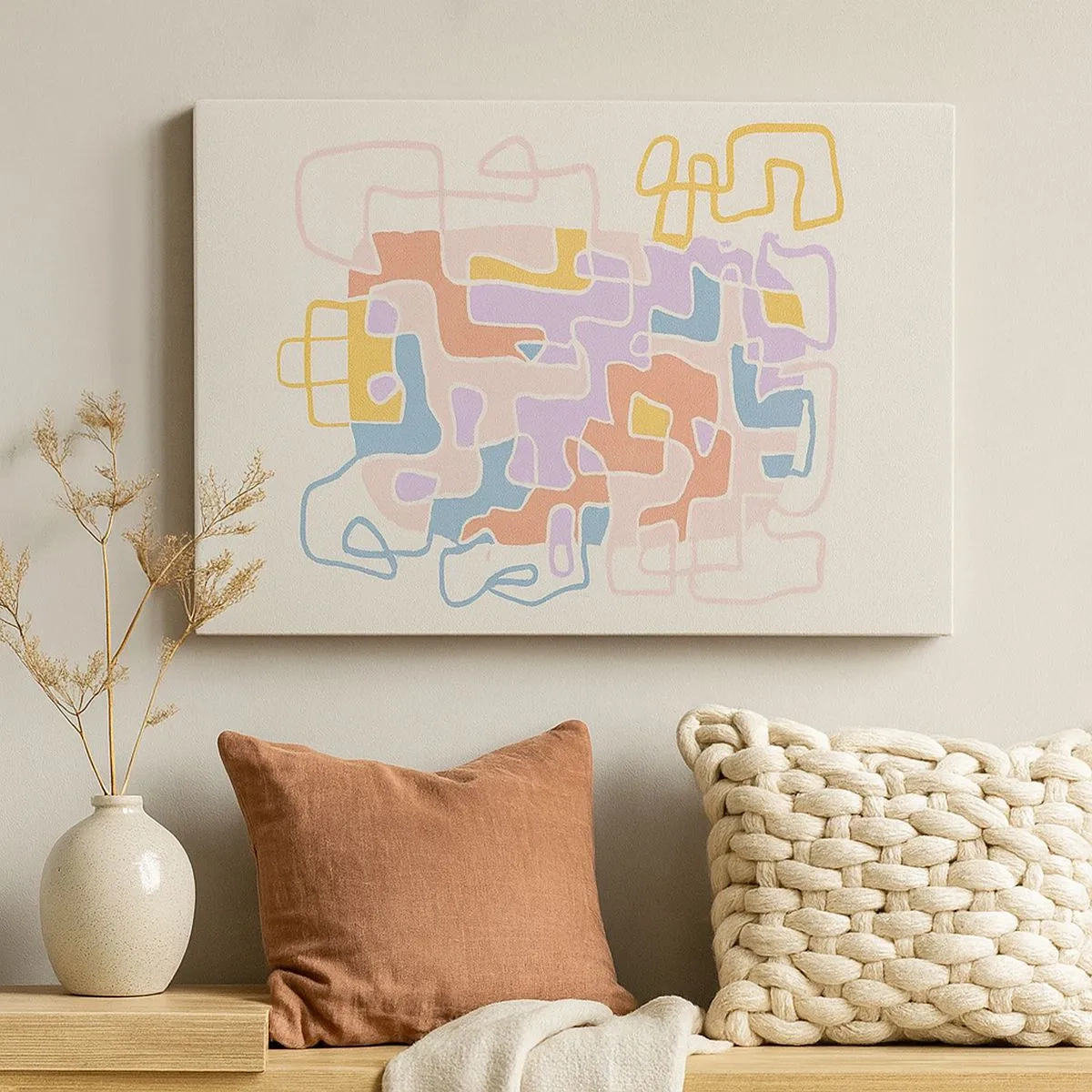 Impression sur toile - Image sur toile - Lignes abstraites pastel créant des motifs géométriques - 70x50cm - Labyrinthe – une aventure joyeuse - Décoration murale moderne pour le salon et la chambre ARTTOR