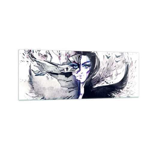 Impression sur verre - Image sur verre - Visage abstrait avec des éléments contrastés et un motif d'aile - 140x50cm - Démoniaque et belle - Décoration murale moderne pour le salon et la chambre ARTTOR