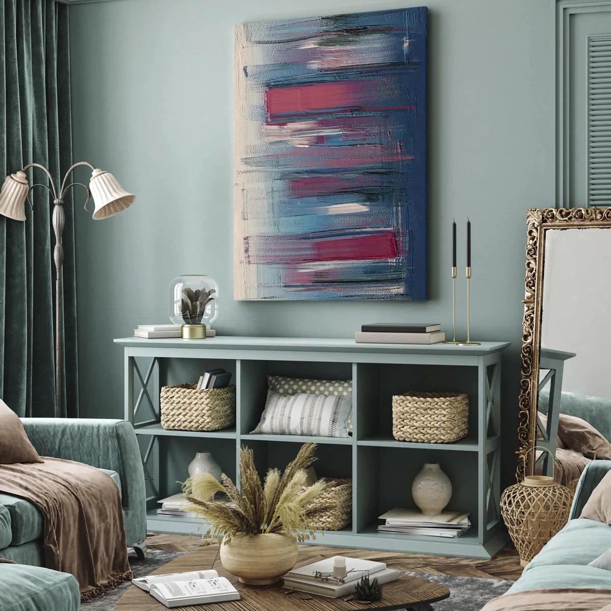 Impression sur toile - Image sur toile - Formes verticales abstraites dans des tons de bleu et de rouge - 50x70cm - Composition verticale en bleu et rouge - Décoration murale moderne pour le salon et la chambre ARTTOR