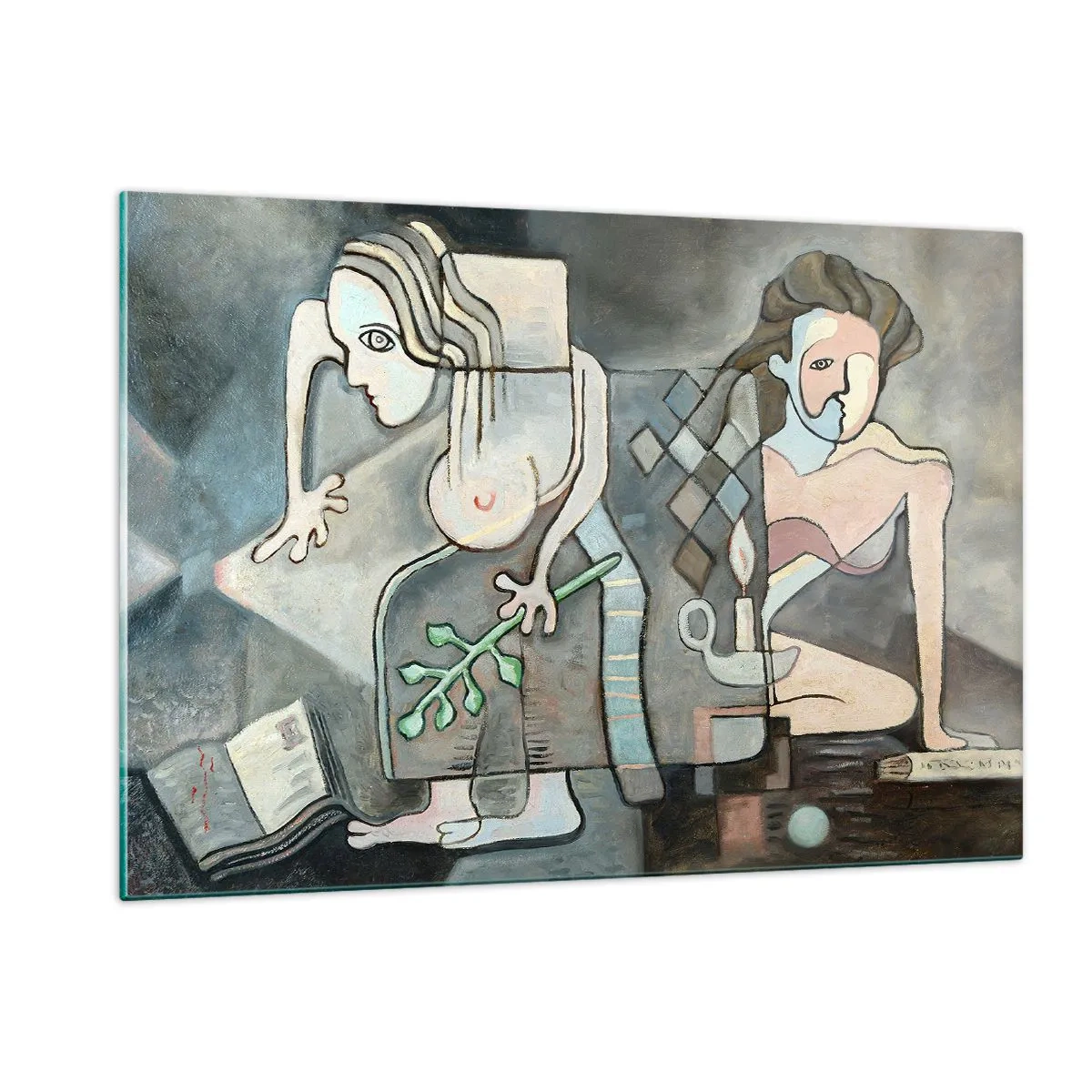Impression sur verre - Image sur verre - Une scène abstraite avec deux personnages dans un style cubiste. - 120x80cm - Mosaïque d'esprit et de matière - Décoration murale moderne pour le salon et la chambre ARTTOR