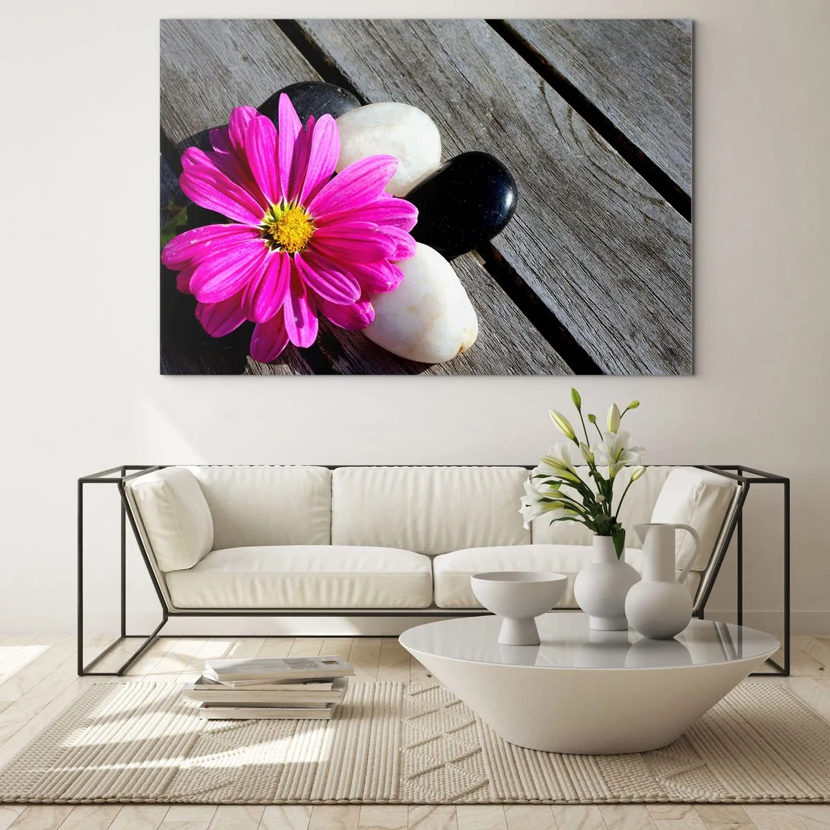 Impression sur verre - Image sur verre - Fleur rose avec des pierres sur un fond en bois - 100x70cm - Repos sur la jetée - Décoration murale moderne pour le salon et la chambre ARTTOR