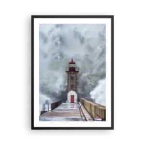 Affiche dans un cadre noir - Poster - Un phare entouré de vagues puissantes pendant une tempête - 50x70cm - Le rugissement des eaux, le bruit soufflera - Décoration murale moderne pour le salon et la chambre ARTTOR