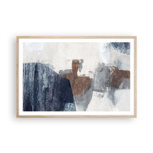 Affiche dans un chêne clair - Poster - Formes bleues et brunes - 91x61 cm
