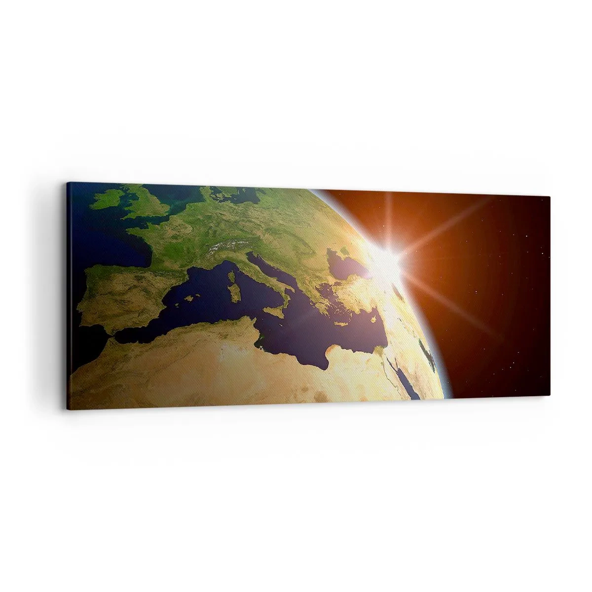 Impression sur toile - Image sur toile - Vue de la Terre depuis l'espace avec les rayons du soleil à l'horizon - 120x50cm - Lever de soleil - Décoration murale moderne pour le salon et la chambre ARTTOR