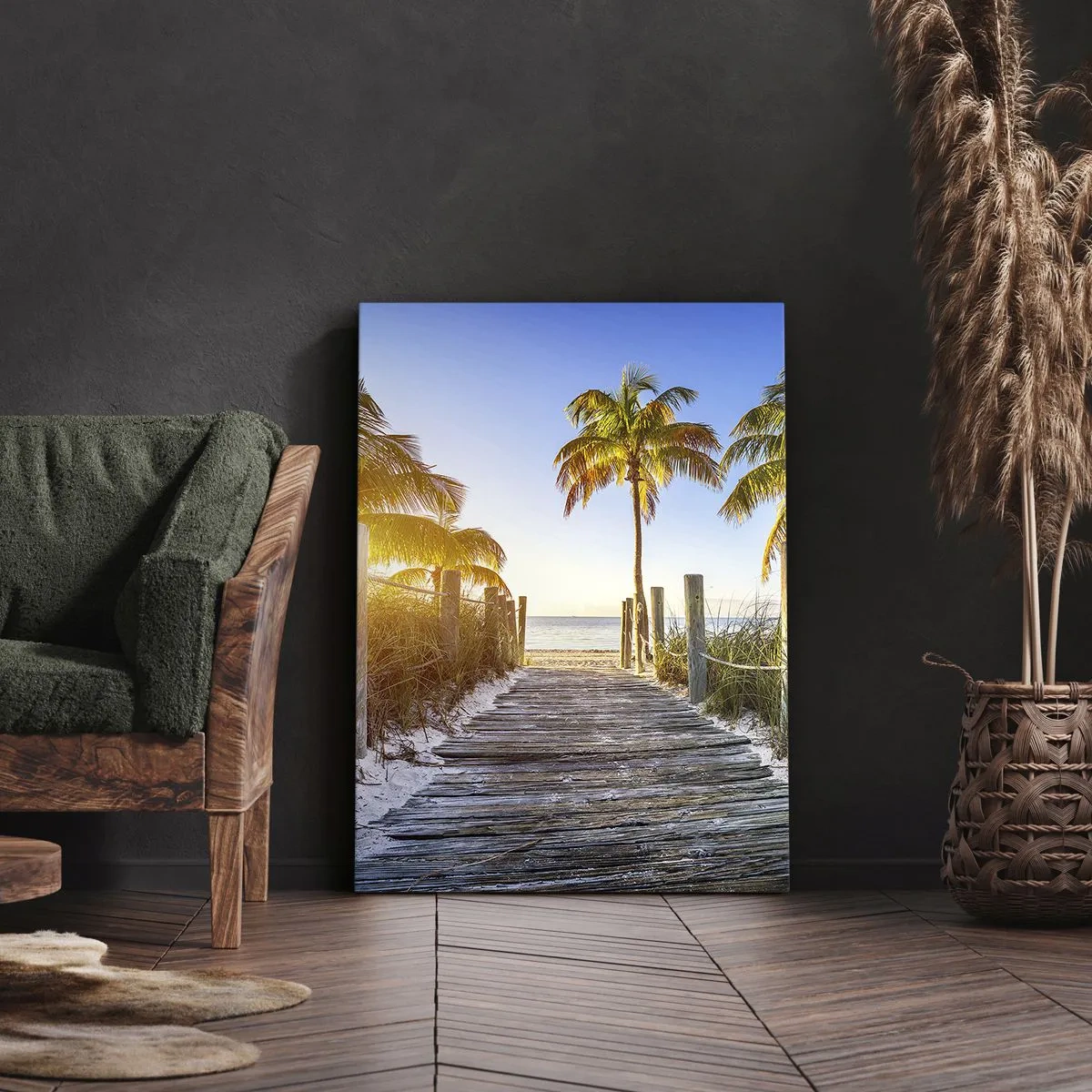 Impression sur toile - Image sur toile - Chemin en bois sur la plage avec des palmiers en arrière-plan - 80x120cm - Directement au paradis - Décoration murale moderne pour le salon et la chambre ARTTOR