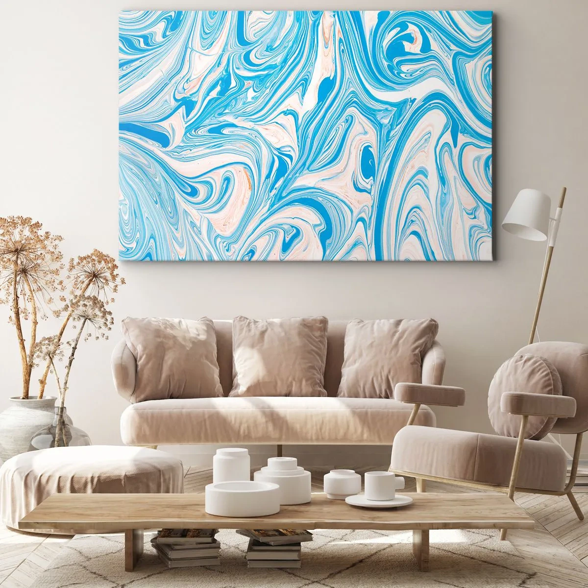 Impression sur toile - Image sur toile - Tourbillons abstraits de style marbre bleu et blanc - 100x70cm - Bassin turquoise - Décoration murale moderne pour le salon et la chambre ARTTOR