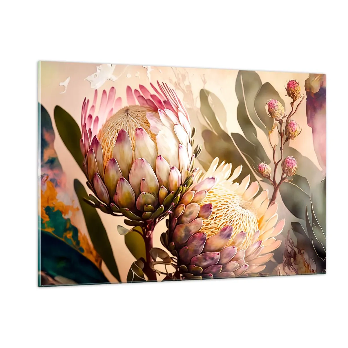 Impression sur verre - Image sur verre - Fleurs de Protea aux tons chauds et à la lumière douce - 120x80cm - Tendrement embrassé - Décoration murale moderne pour le salon et la chambre ARTTOR