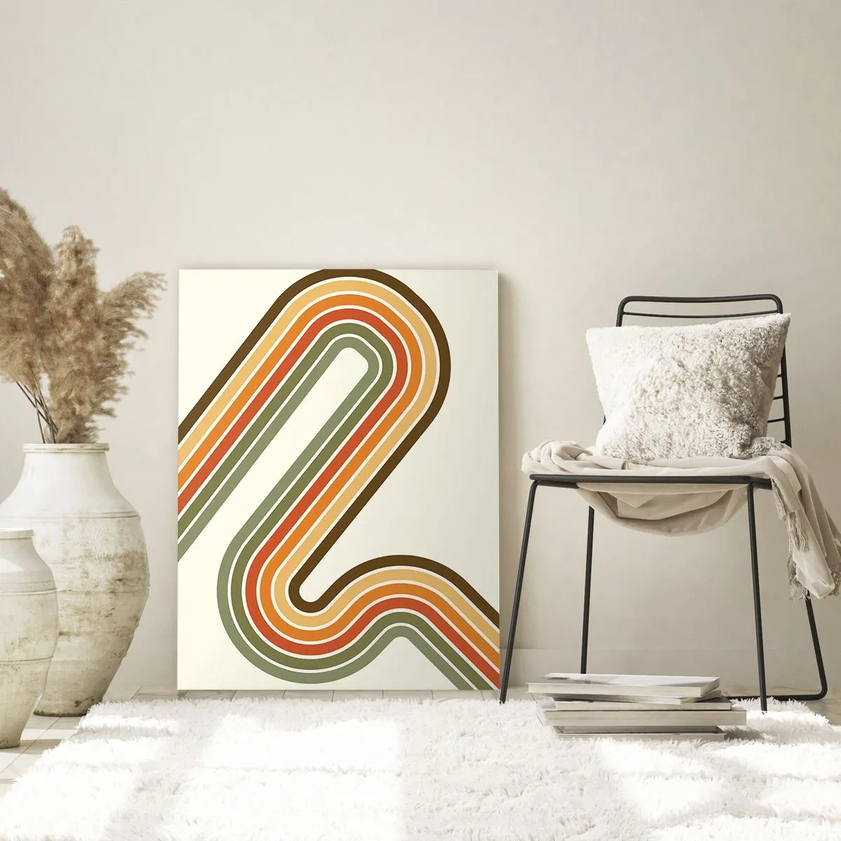 Impression sur verre - Image sur verre - Motif géométrique dans les tons de vert, orange et beige sur fond clair - 80x120cm - En zig zag vers le but - Décoration murale moderne pour le salon et la chambre ARTTOR