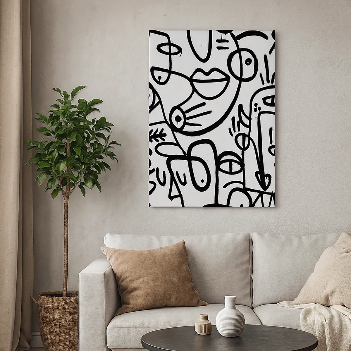 Impression sur toile - Image sur toile - Dessins abstraits en noir et blanc avec des motifs faciaux - 50x70cm - Visages et mirages - Décoration murale moderne pour le salon et la chambre ARTTOR