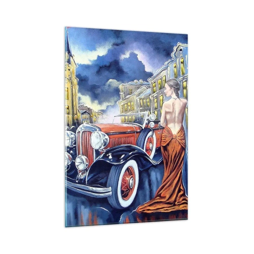 Impression sur verre - Image sur verre - Une femme dans une robe élégante à côté d'une voiture rétro la nuit - 80x120cm - Nocturne en bleu et corail - Décoration murale moderne pour le salon et la chambre ARTTOR