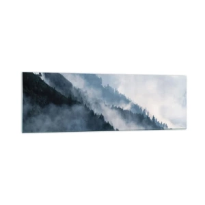 Impression sur verre - Image sur verre - Le brouillard plane sur les flancs boisés des montagnes dans un paysage mystérieux - 160x50cm - Mysticisme des montagnes - Décoration murale moderne pour le salon et la chambre ARTTOR