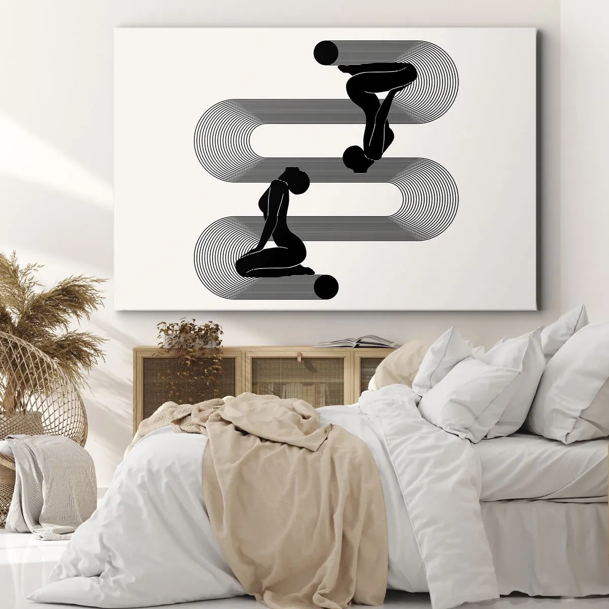 Impression sur toile - Image sur toile - Silhouettes noires avec des lignes géométriques sur fond clair - 70x50cm - Symétrie sensuelle - Décoration murale moderne pour le salon et la chambre ARTTOR