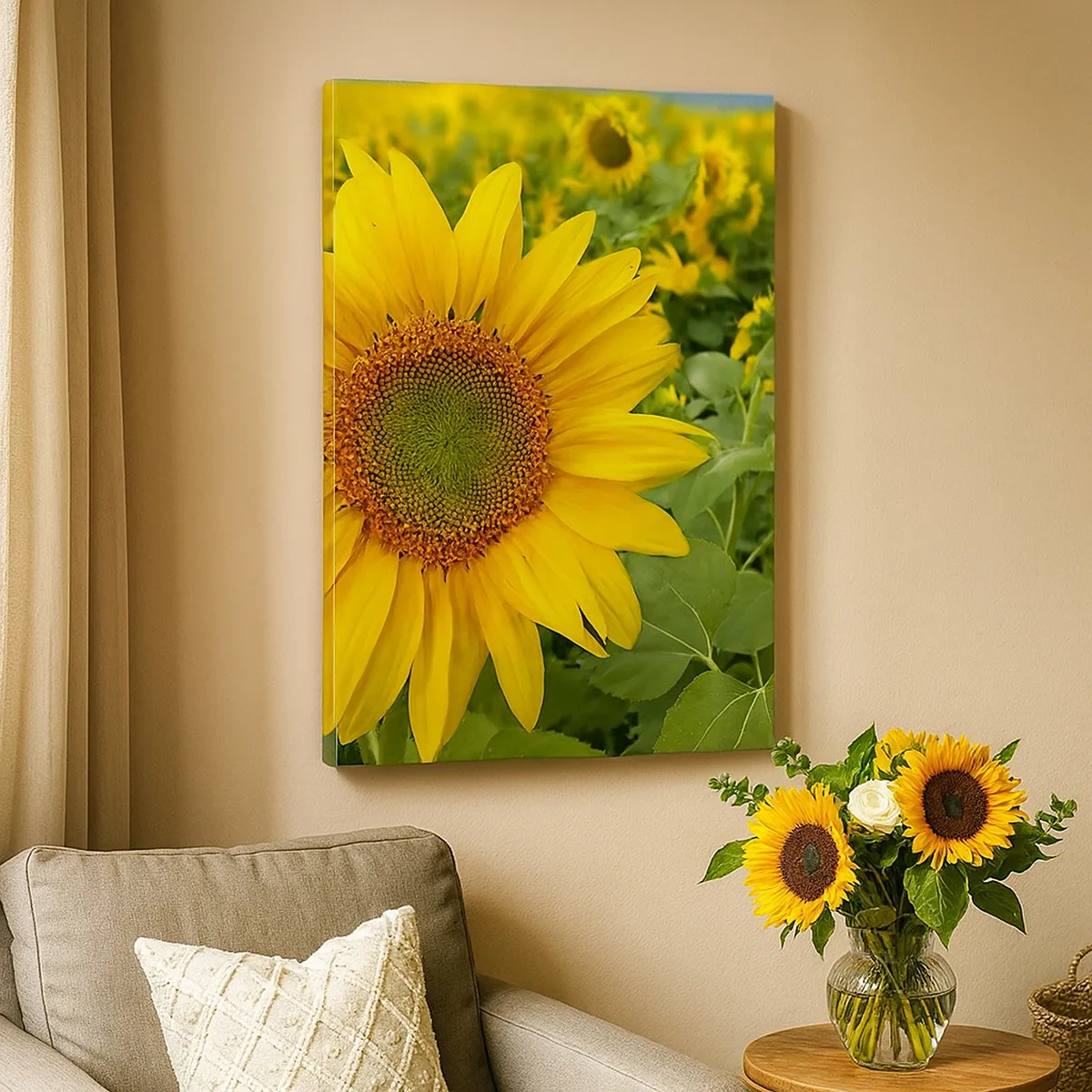 Impression sur toile - Image sur toile - Un champ de tournesols aux fleurs jaunes sur fond de feuilles vertes - 50x70cm - Des centaines de soleils se sont embrasés - Décoration murale moderne pour le salon et la chambre ARTTOR