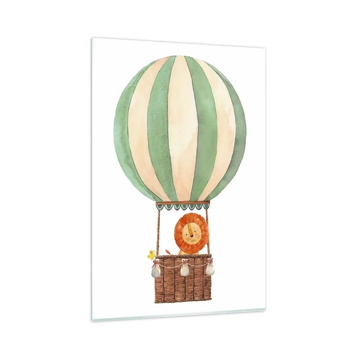 Impression sur verre - Image sur verre - Un ballon avec un lion souriant dans un panier aux couleurs pastel - 80x120cm - Les voyages de Léon - Décoration murale moderne pour le salon et la chambre ARTTOR