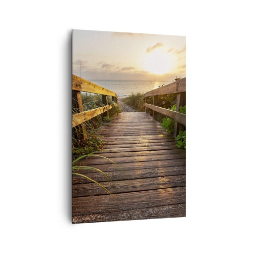 Impression sur toile - Image sur toile - Jetée en bois menant à la plage au coucher du soleil - 80x120cm - Tout droit vers le rivage - Décoration murale moderne pour le salon et la chambre ARTTOR