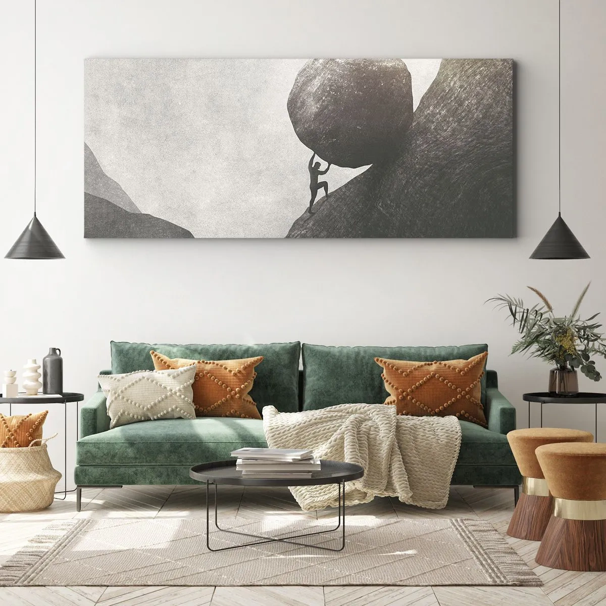 Impression sur toile - Image sur toile - Un homme escaladant un énorme rocher sur une colline - 160x50cm - Je crois contre tout espoir - Décoration murale moderne pour le salon et la chambre ARTTOR