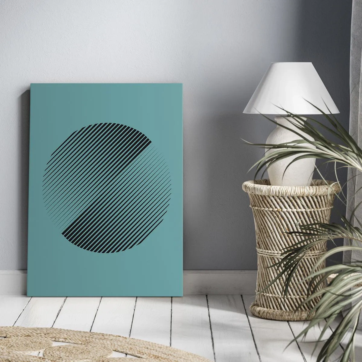Impression sur toile - Image sur toile - Un cercle minimaliste avec des lignes sur un fond turquoise. - 80x120cm - Cercle – une variation géométrique - Décoration murale moderne pour le salon et la chambre ARTTOR