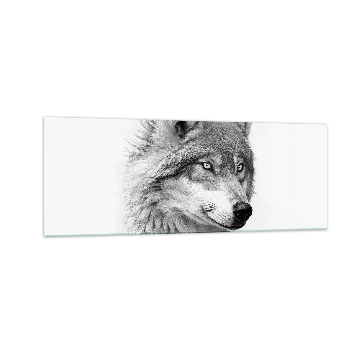Impression sur verre - Image sur verre - Un portrait réaliste d'un loup dans des tons de gris. - 140x50cm - Alpha – sans aucun doute - Décoration murale moderne pour le salon et la chambre ARTTOR