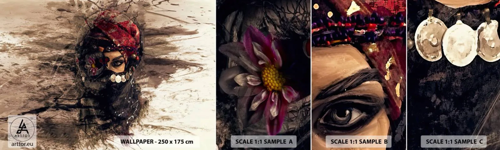 Échantillon De Papier Peint Standard Eco - Inquiétant, c'est le moins qu'on puisse dire - Abstraction, Visage de femme, Symboles orientaux - 100x30 cm