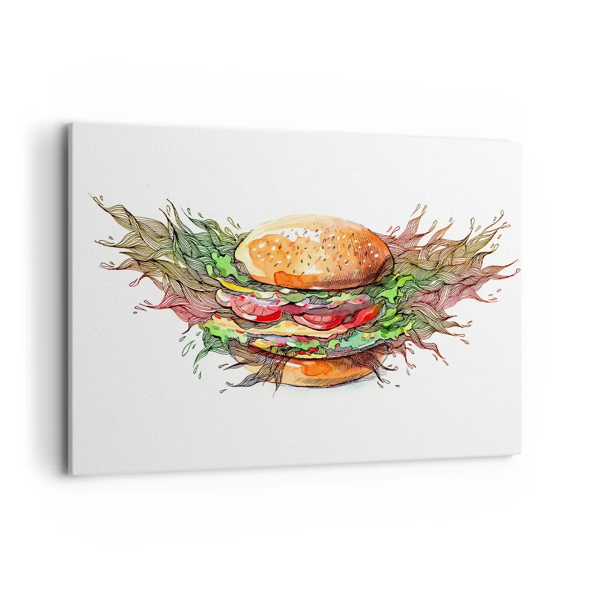 Impression sur toile - Image sur toile - Illustration artistique d'un burger avec des éléments dynamiques - 100x70cm - Tentation chaude - Décoration murale moderne pour le salon et la chambre ARTTOR