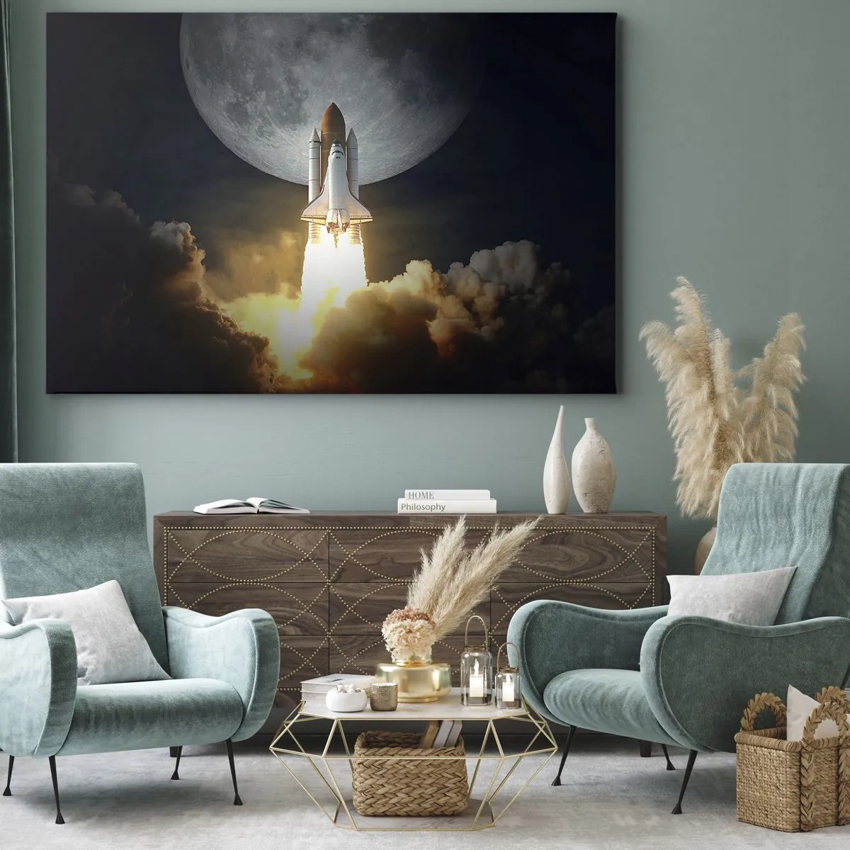 Impression sur toile - Image sur toile - Une fusée décollant sur fond de pleine lune entourée de nuages dynamiques. - 70x50cm - Le début d'une aventure surnaturelle - Décoration murale moderne pour le salon et la chambre ARTTOR