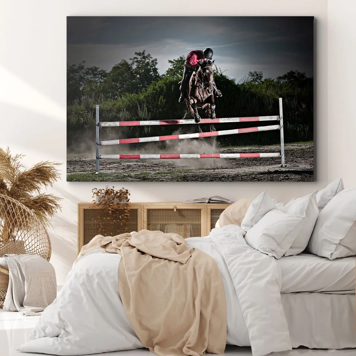 Impression sur toile - Image sur toile - Un cavalier sur un cheval sautant par-dessus un obstacle sur une piste de course - 120x80cm - Ensemble pour la victoire - Décoration murale moderne pour le salon et la chambre ARTTOR