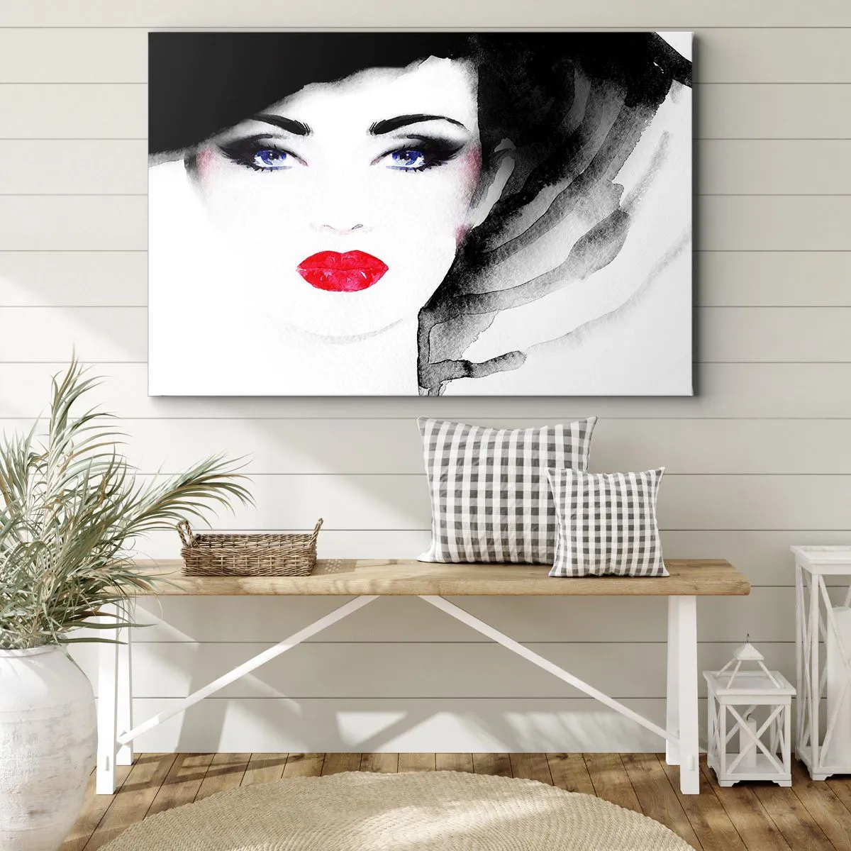 Impression sur toile - Image sur toile - Portrait d'une femme aux lèvres rouges et aux yeux bleus intenses - 100x70cm - Elle repousse et attire - Décoration murale moderne pour le salon et la chambre ARTTOR