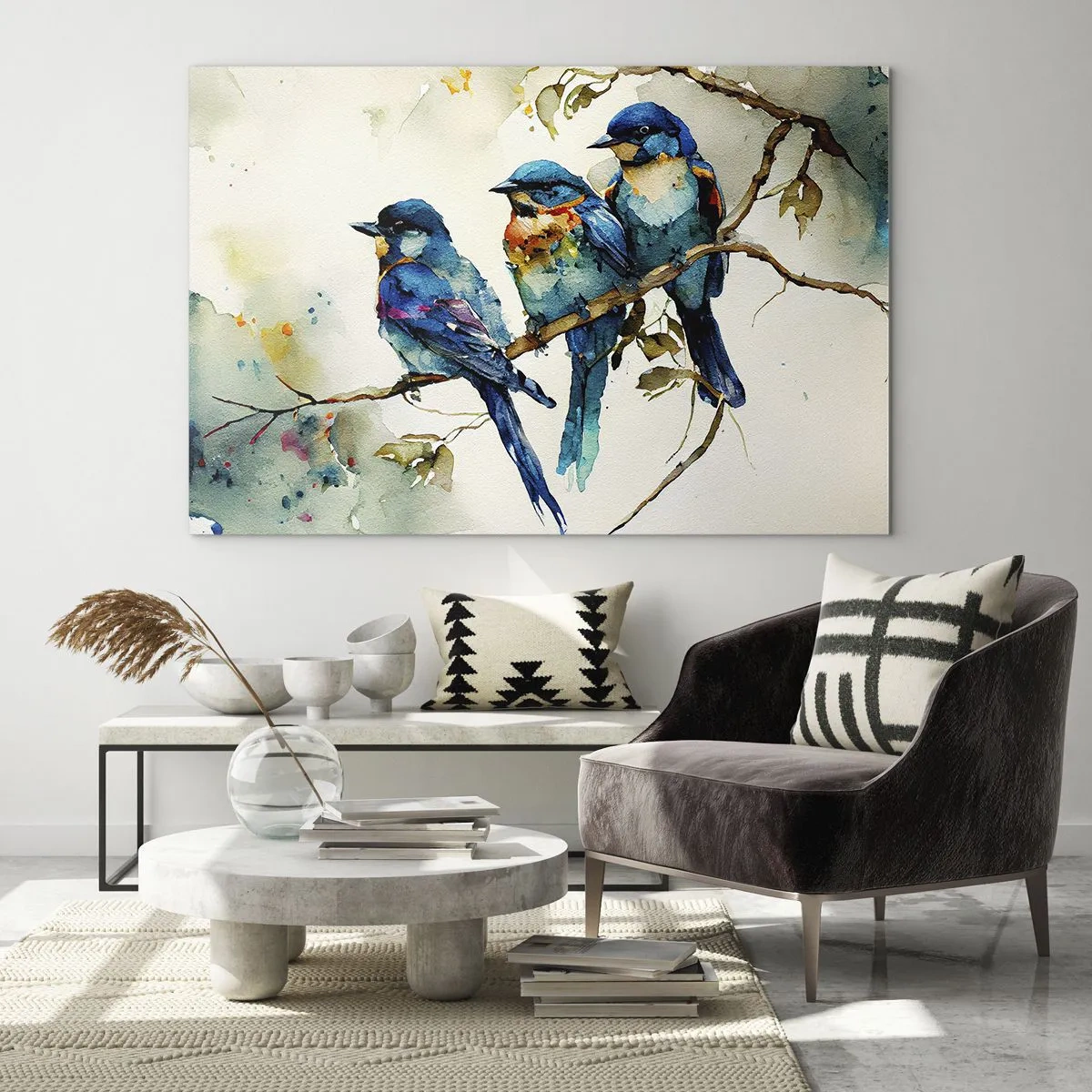 Impression sur verre - Image sur verre - Oiseaux colorés assis sur une branche à l'aquarelle - 100x70cm - A-t-il été offensé ? - Décoration murale moderne pour le salon et la chambre ARTTOR