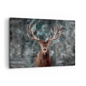 Impression sur toile - Image sur toile - Cerf dans une forêt d'hiver avec de la neige qui tombe - 100x70cm - Roi de la forêt couronné - Décoration murale moderne pour le salon et la chambre ARTTOR