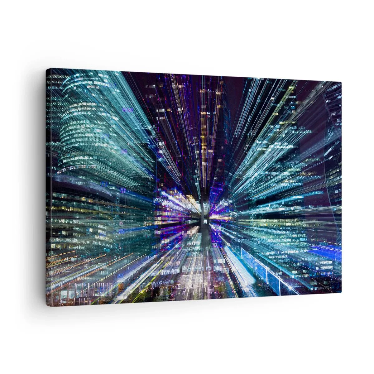 Impression sur toile - Image sur toile - Vue dynamique de la ville la nuit avec un effet de lumière - 70x50cm - Transition vers l'hyperespace - Décoration murale moderne pour le salon et la chambre ARTTOR