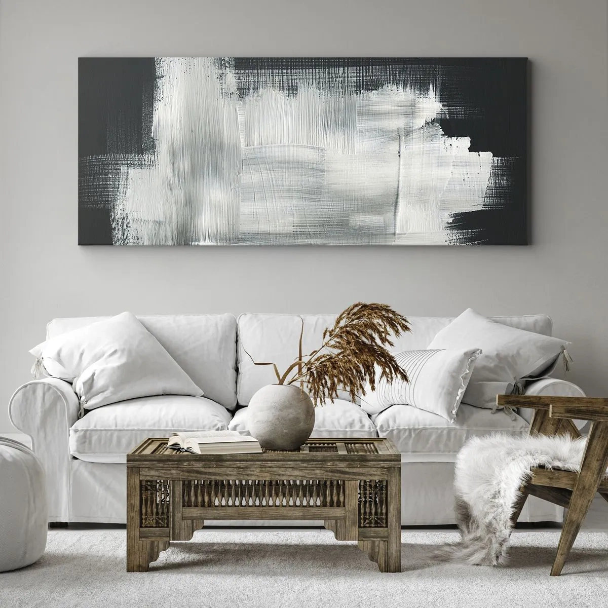Impression sur toile - Image sur toile - Traits abstraits blancs sur fond sombre - 120x50cm - Tissé à la verticale et à l'horizontale - Décoration murale moderne pour le salon et la chambre ARTTOR