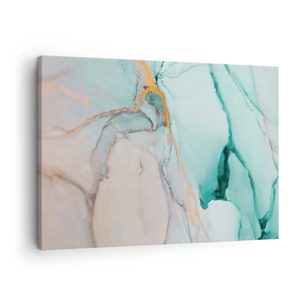 Impression sur toile - Image sur toile - Une composition abstraite dans des tons turquoise et or. - 70x50cm - Danse des formes et des couleurs - Décoration murale moderne pour le salon et la chambre ARTTOR